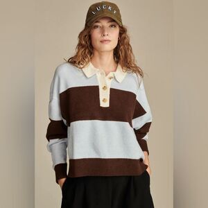 Lucky Brand Cloud Soft Rugby Polo Sweater Striped Brown Blow Collar Sz XXL